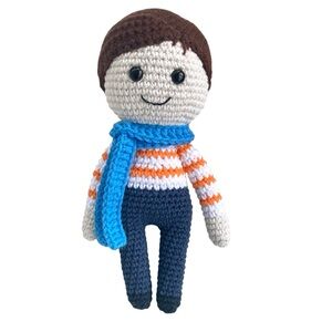 Hand Crafted Crochet Boy Doll Brown Hair Orange Stripes Shirt with Jeans Logan